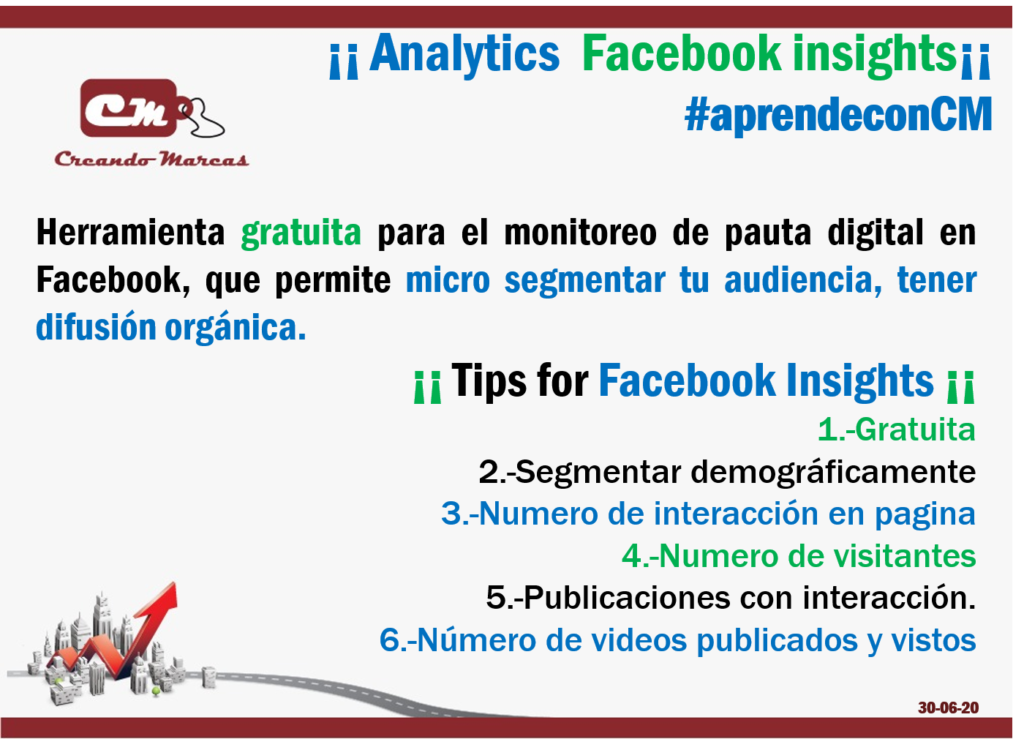 ¡¡ Tips for Facebook Insights ¡¡ 
1.-Gratuita 
2.-Segmentar demográficamente
3.-Numero de interacción en pagina
4.-Numero de visitantes
5.-Publicaciones con interacción. 
6.-Número de videos publicados y vistos 
