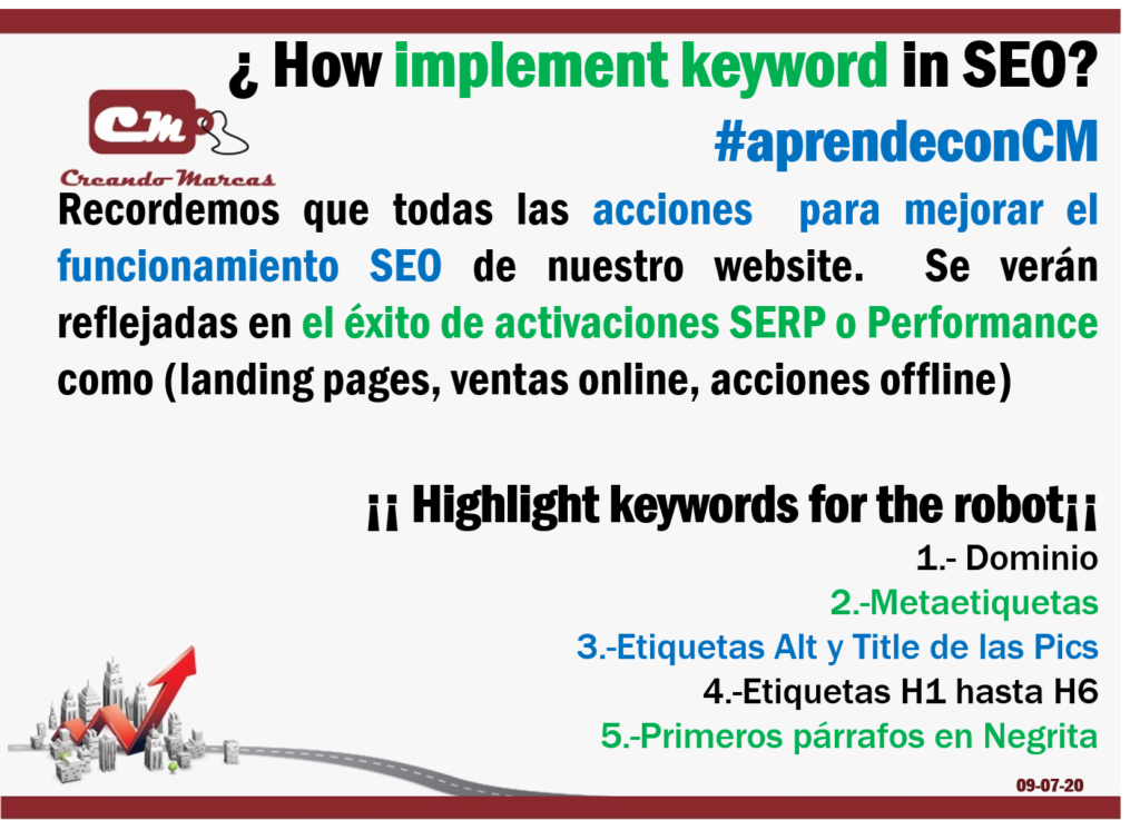 ¡¡ Highlight keywords for the robot¡¡ 
1.- Dominio
2.-Metaetiquetas
3.-Etiquetas Alt y Title de las Pics 
4.-Etiquetas H1 hasta H6
5.-Primeros párrafos en Negrita