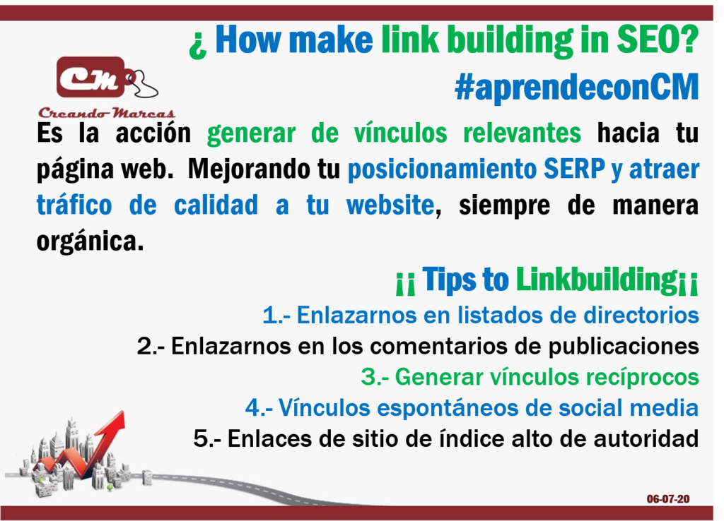 ¡¡ Tips to Linkbuilding¡¡ 
1.- Enlazarnos en listados de directorios
2.- Enlazarnos en los cometarios de publicaciones 
3.- Generar vínculos recíprocos
4.- Vínculos espontáneos de social media
5.- Enlaces de sitio de índice alto de autoridad
