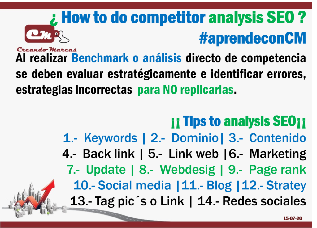 ¡¡ Tips to analysis SEO¡¡ 
1.-  Keywords | 2.-  Dominio| 3.-  Contenido
4.-  Back link | 5.-  Link web |6.-  Marketing
7.-  Update | 8.-  Webdesig | 9.-  Page rank
10.- Social media |11.- Blog |12.- Stratey
13.- Tag pic´s o Link | 14.- Redes sociales
