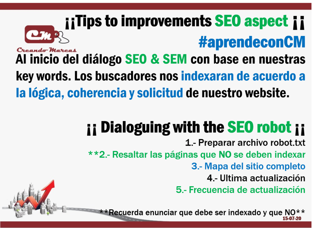 ¡¡ Dialoguing with the SEO robot ¡¡ 
1.- Preparar archivo robot.txt
**2.- Resaltar las páginas que NO se deben indexar
3.- Mapa del sitio completo
4.- Ultima actualización 
5.- Frecuencia de actualización

**Recuerda enunciar que debe ser indexado y que NO**