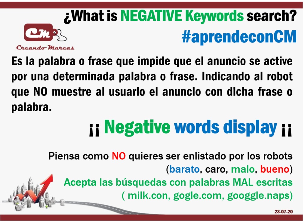 ¡¡ Negative words display ¡¡ 

Piensa como NO quieres ser enlistado por los robots 
(barato, caro, malo, bueno)
Acepta las búsquedas con palabras MAL escritas
( milk.con, gogle.com, googgle.naps)
