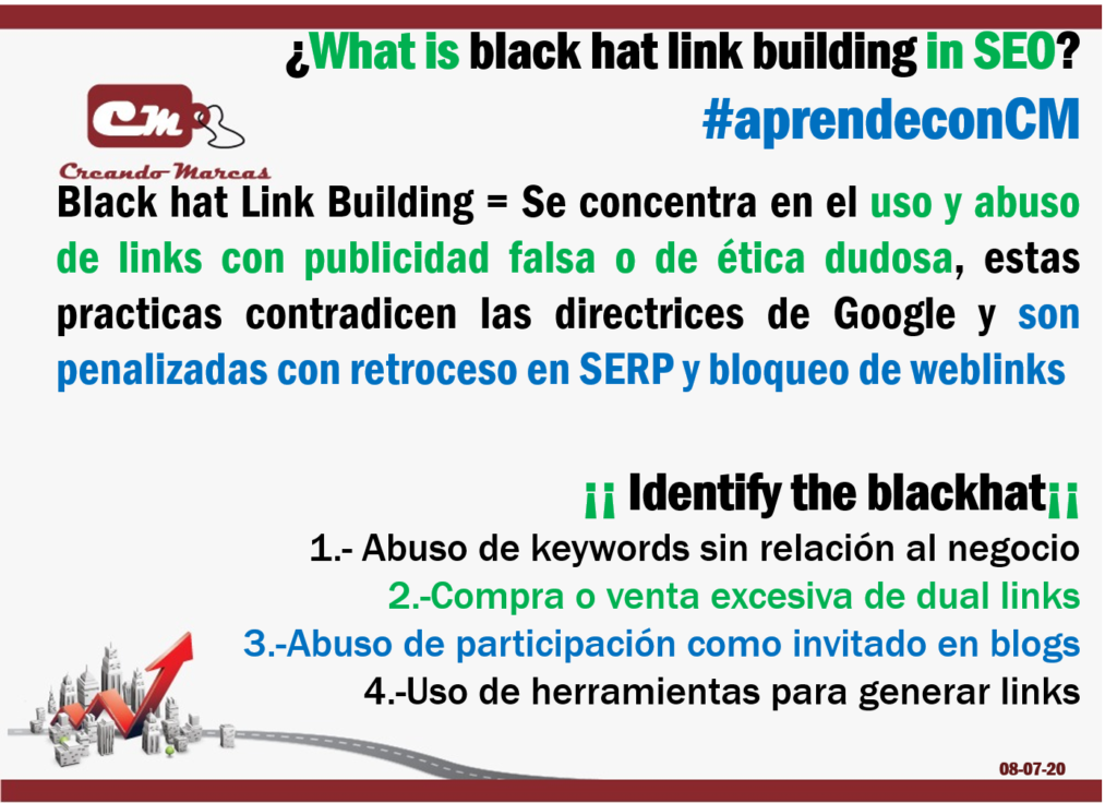 ¡¡ Identify the blackhat¡¡ 
1.- Abuso de keywords sin relación al negocio
2.-Compra o venta excesiva de dual links
3.-Abuso de participación como invitado en blogs
4.-Uso de herramientas para generar links