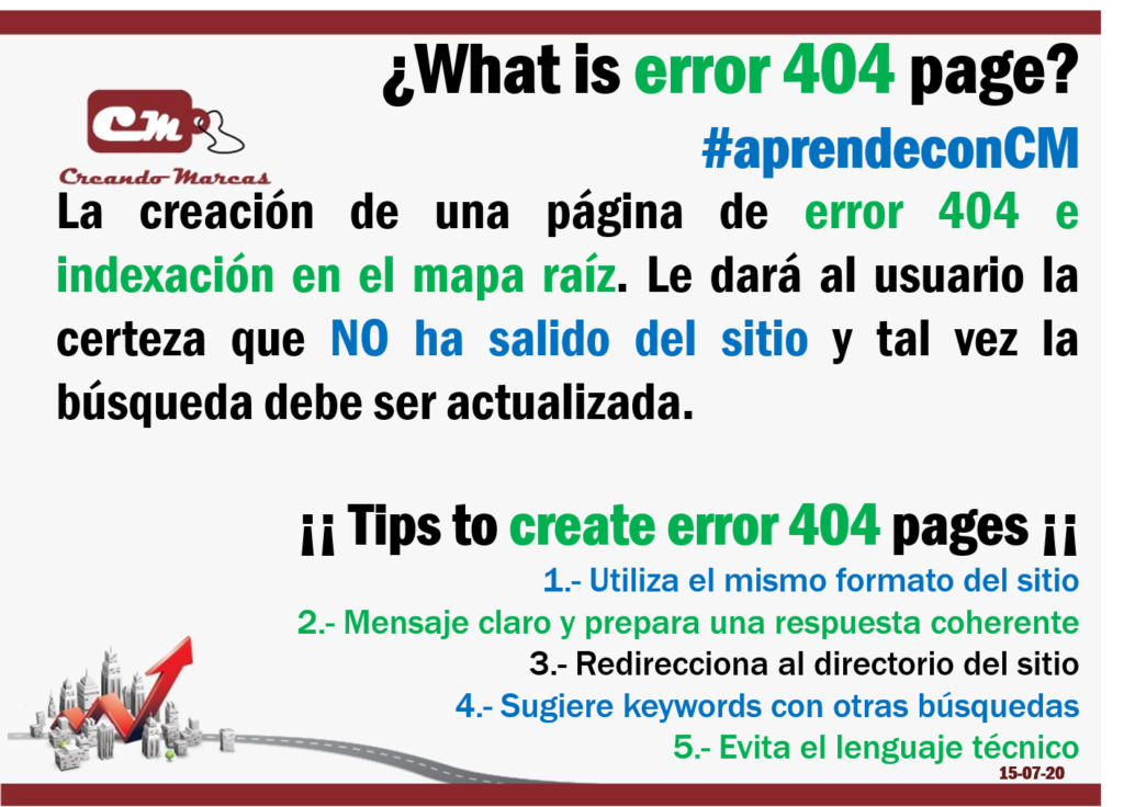 ¡¡ Tips to create error 404 pages ¡¡
1.- Utiliza el mismo formato del sitio
2.- Mensaje claro y prepara una respuesta coherente
3.- Redirecciona al directorio del sitio
4.- Sugiere keywords con otras búsquedas
5.- Evita el lenguaje técnico

http://www.creandomarcas.com.mx