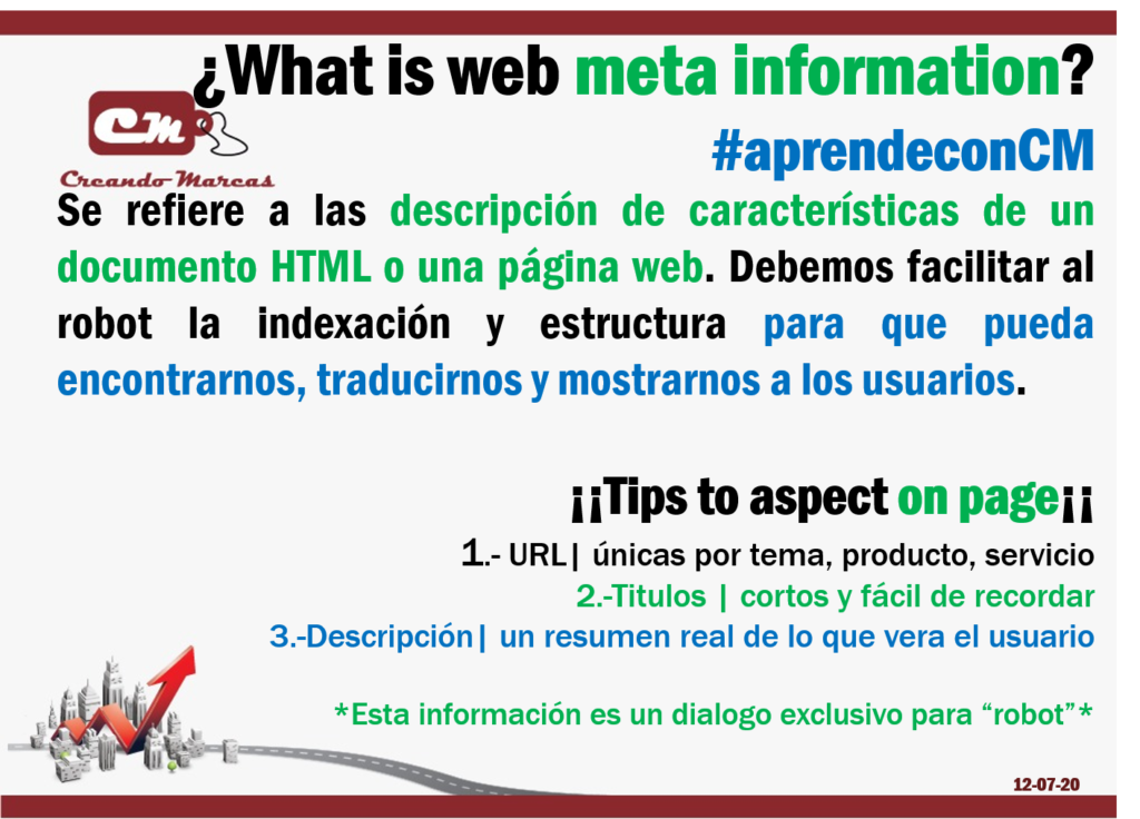 ¡¡Tips to aspect on page¡¡ 
1.- URL| únicas por tema, producto, servicio
2.-Titulos | cortos y fácil de recordar
3.-Descripción| un resumen real de lo que vera el usuario

*Esta información es un dialogo exclusivo para “robot”*
