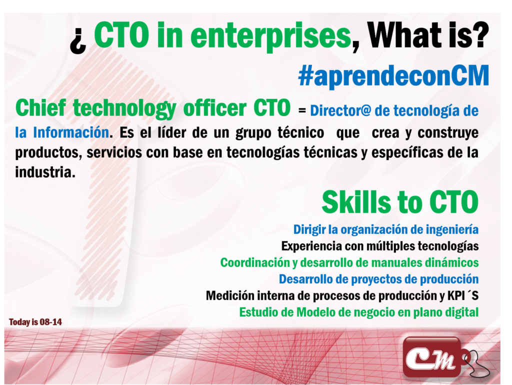 Skills to CTO
Dirigir la organización de ingeniería
Experiencia con múltiples tecnologías
 Coordinación y desarrollo de manuales dinámicos 
Desarrollo de proyectos de producción
Medición interna de procesos de producción y KPI´S
Estudio de Modelo de negocio en plano digital
