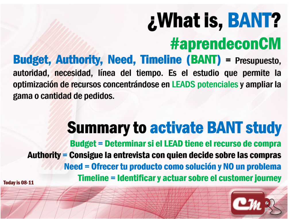 Summary to activate BANT study
Budget = Determinar si el LEAD tiene el recurso de compra 
Authority = Consigue la entrevista con quien decide sobre las compras
Need = Ofrecer tu producto como solución y NO un problema
Timeline = Identificar y actuar sobre el customer journey
