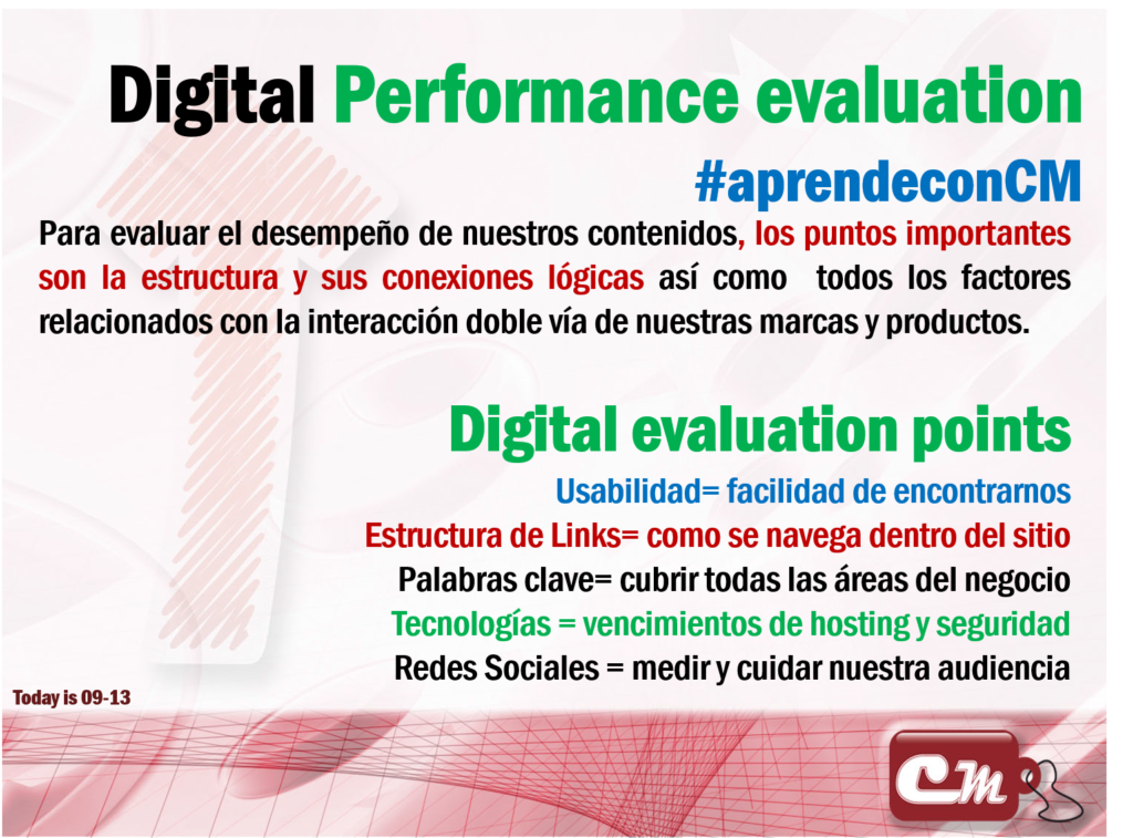 Digital evaluation points 
Usabilidad= facilidad de encontrarnos
Estructura de Links= como se navega dentro del sitio
Palabras clave= cubrir todas las áreas del negocio
Tecnologías = vencimientos de hosting y seguridad
Redes Sociales = medir y cuidar nuestra audiencia
