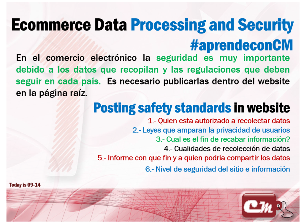 Posting safety standards in website 
1.- Quien esta autorizado a recolectar datos
2.- Leyes que amparan la privacidad de usuarios
3.- Cual es el fin de recabar información?
4.- Cualidades de recolección de datos
	5.- Informe con que fin y a quien podría compartir los datos
6.- Nivel de seguridad del sitio e información 
