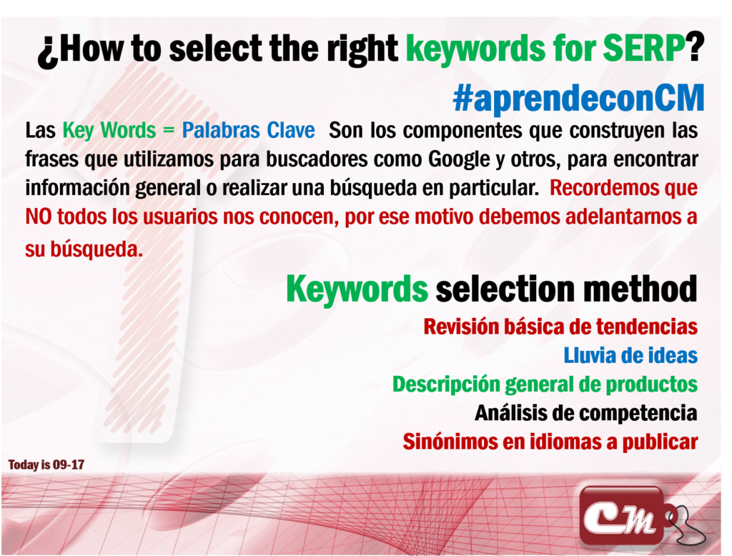 Keywords selection method
Revisión básica de tendencias 
Lluvia de ideas
Descripción general de productos
Análisis de competencia
Sinónimos en idiomas a publicar
