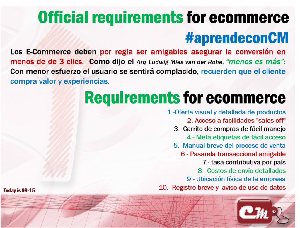 Requirements for ecommerce 
1.-Oferta visual y detallada de productos
2.-Acceso a facilidades "sales off"
3.- Carrito de compras de fácil manejo
4.- Meta etiquetas de fácil acceso
5.- Manual breve del proceso de venta
6.- Pasarela transaccional amigable
7.- tasa contributiva por país
8.- Costos de envío detallados 
9.- Ubicación física de la empresa
10.- Registro breve y  aviso de uso de datos
