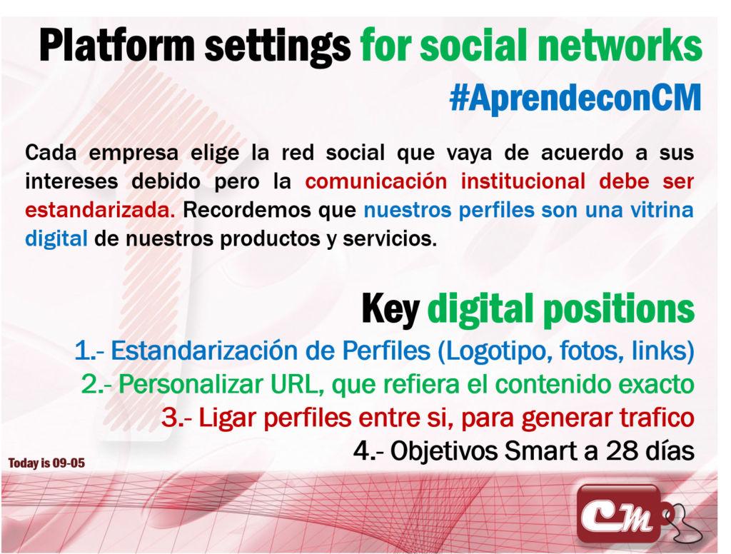 Key digital positions
1.- Estandarización de Perfiles (Logotipo, fotos, links)
2.- Personalizar URL, que refiera el contenido exacto
3.- Ligar perfiles entre si, para generar trafico
4.- Objetivos Smart a 28 días
