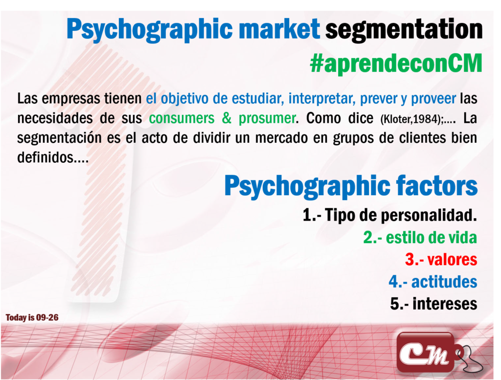 Psychographic factors
 1.- Tipo de personalidad.
2.- estilo de vida
3.- valores
4.- actitudes
5.- intereses
