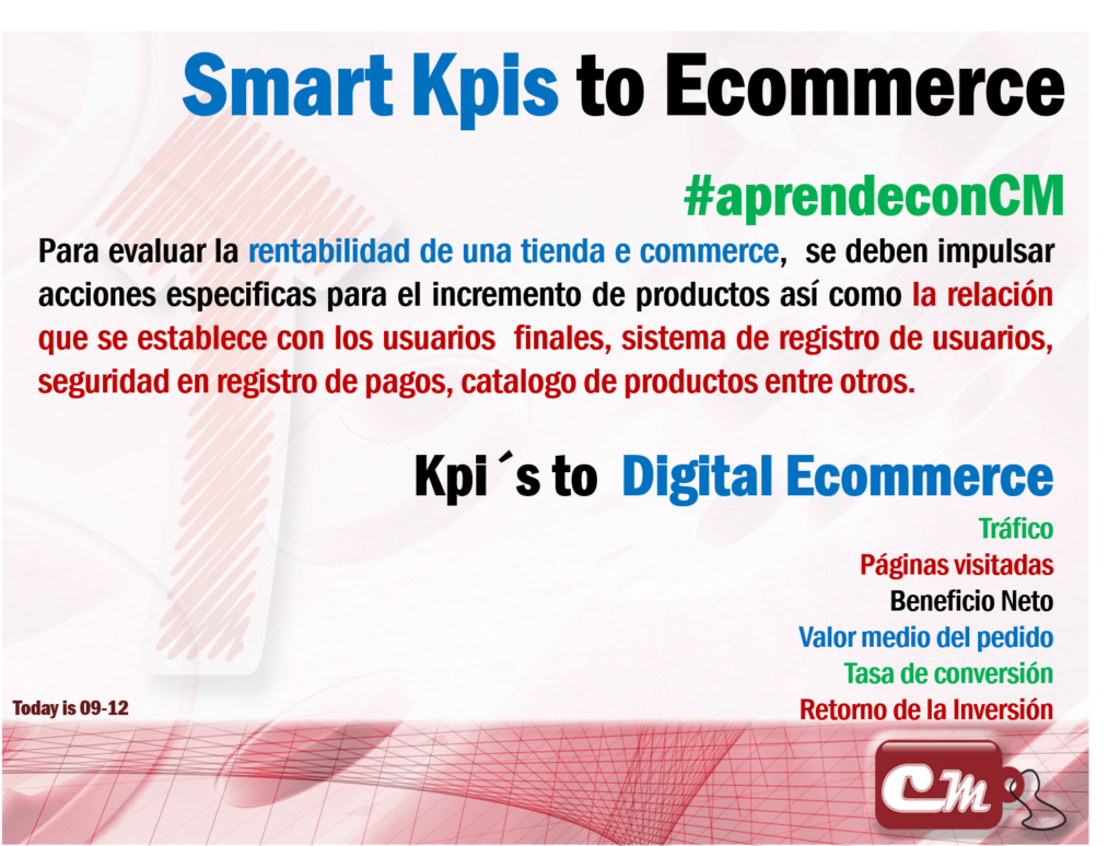 Kpi´s to  Digital Ecommerce
Tráfico
Páginas visitadas
Beneficio Neto
Valor medio del pedido
Tasa de conversión
Retorno de la Inversión
