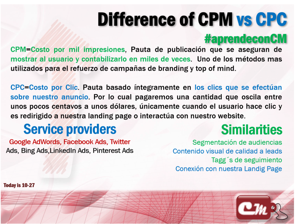 Service providers 
Google AdWords, Facebook Ads, Twitter Ads,                                                                                                                                      Bing Ads,LinkedIn Ads, Pinterest Ads Similarities  
Segmentación de audiencias
Contenido visual de calidad a leads
Tagg´s de seguimiento
Conexión con nuestra Landig Page 
 http://www.creandomarcas.ccom.mx