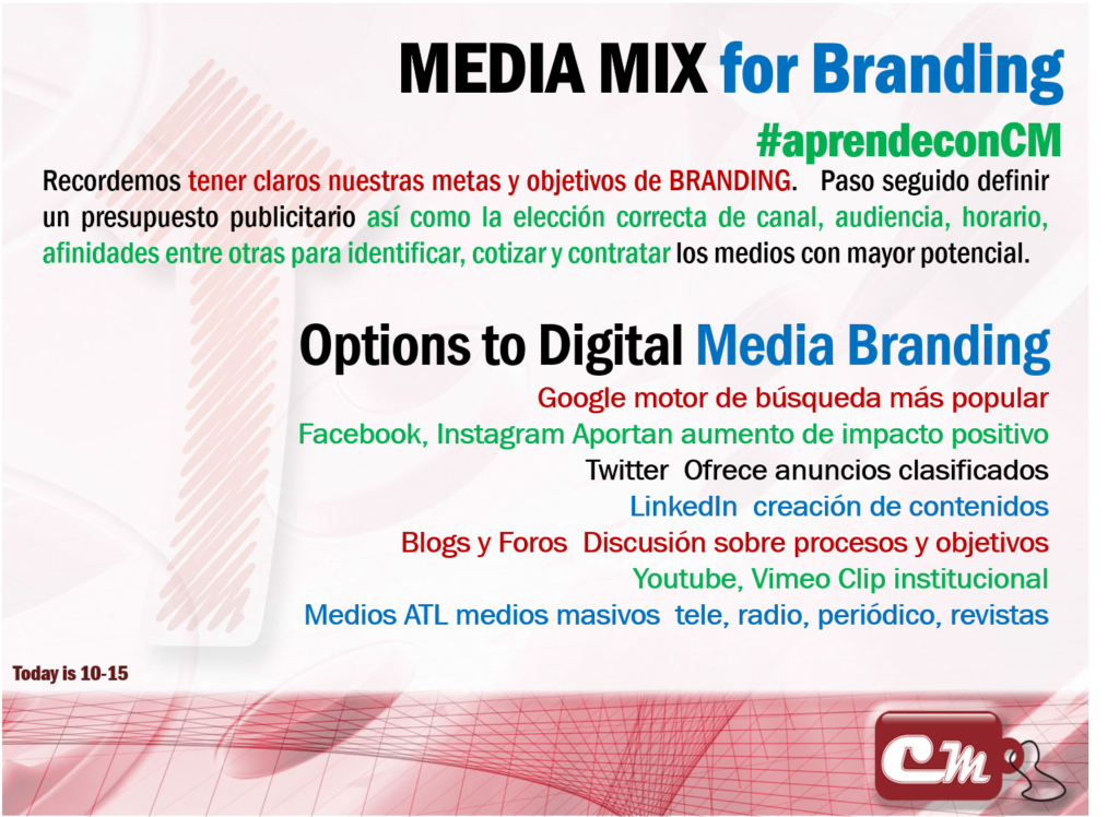 Options to Digital Media Branding
Google motor de búsqueda más popular
Facebook, Instagram Aportan aumento de impacto positivo
Twitter  Ofrece anuncios clasificados
LinkedIn  creación de contenidos
Blogs y Foros  Discusión sobre procesos y objetivos
Youtube, Vimeo Clip institucional
Medios ATL medios masivos  tele, radio, periódico, revistas
