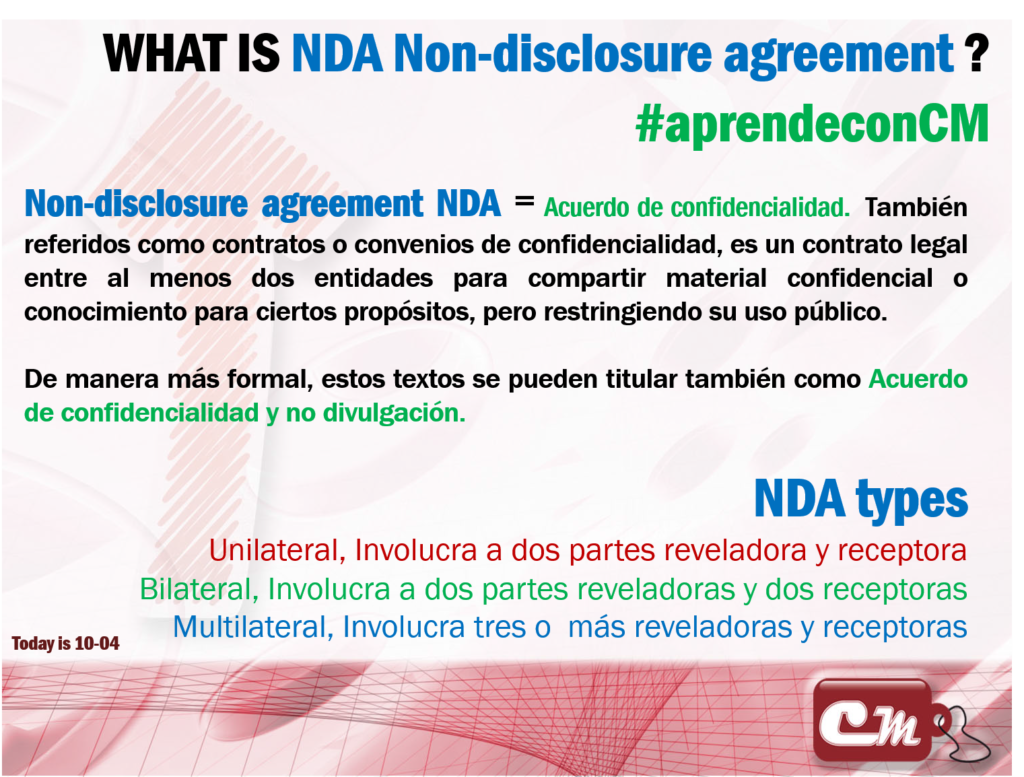 Non-disclosure agreement NDA = Acuerdo de confidencialidad.  También referidos como contratos o convenios de confidencialidad, es un contrato legal entre al menos dos entidades para compartir material confidencial