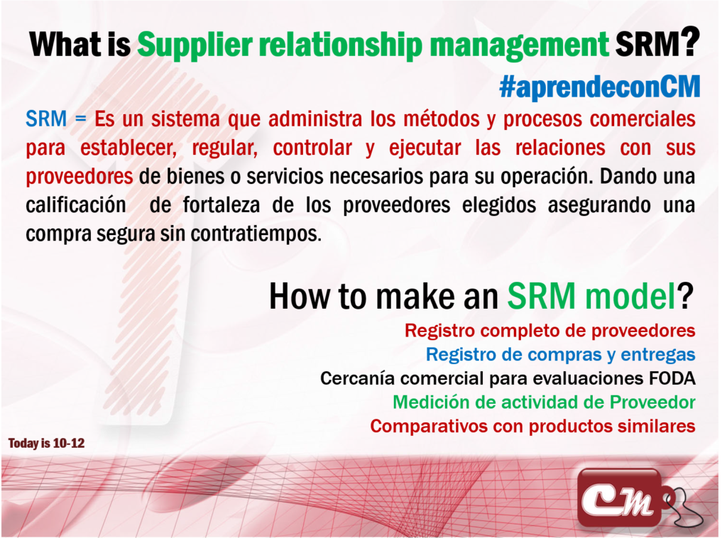 How to make an SRM model?
Registro completo de proveedores
Registro de compras y entregas
Cercanía comercial para evaluaciones FODA
Medición de actividad de Proveedor
Comparativos con productos similares
