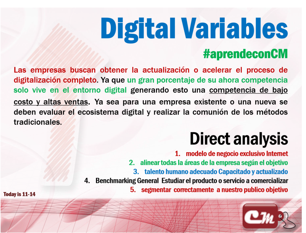 Digital Variables 
modelo de negocio exclusivo Internet
alinear todas la áreas de la empresa según el objetivo
talento humano adecuado Capacitado y actualizado
Benchmarking General  Estudiar el producto o servicio a comercializar
segmentar  correctamente  a nuestro publico objetivo
