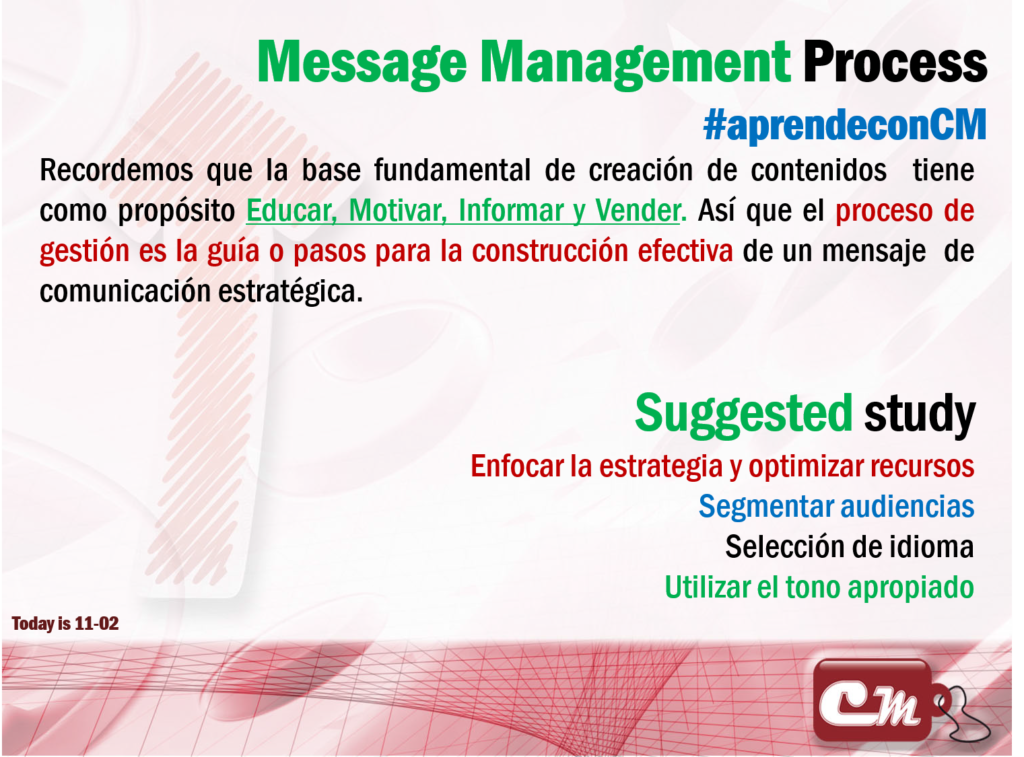 Recordemos que la base fundamental de creación de contenidos  tiene como propósito Educar, Motivar, Informar y Vender. Así que el proceso de gestión es la guía o pasos para la construcción efectiva