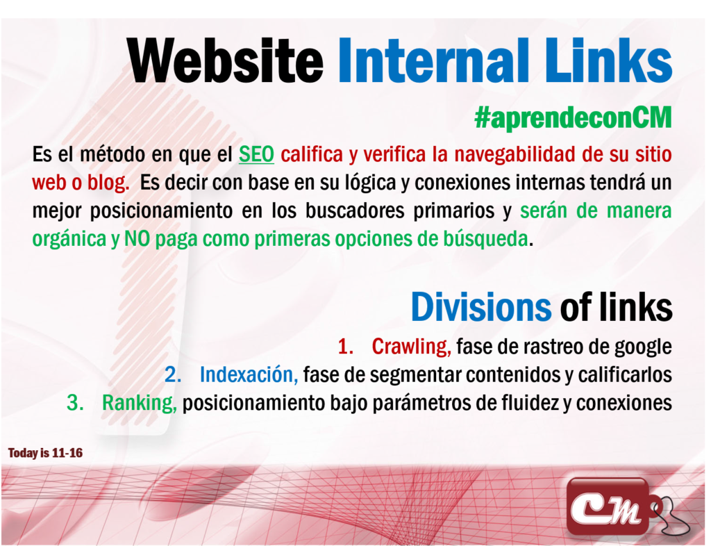 Divisions of links
Crawling, fase de rastreo de google
Indexación, fase de segmentar contenidos y calificarlos
Ranking, posicionamiento bajo parámetros de fluidez y conexiones
